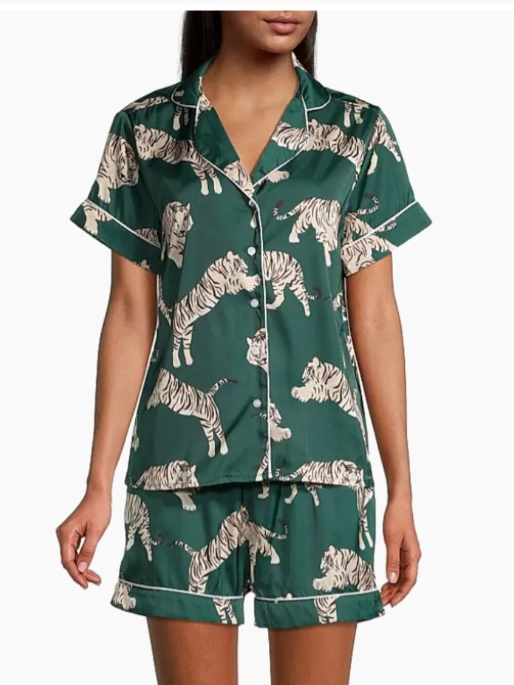 Averie Two Piece Tiger Print Shorts Pajama Set Green and tan Size Medium